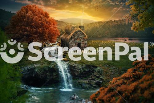 Serene Nature Scene With Cottage In The Mountains Near A Stream.